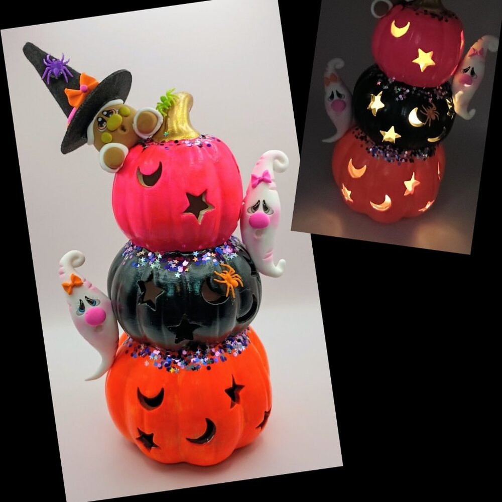Whimsical Halloween Stacked Pumpkins with Gingerbread Witch & Ghosts